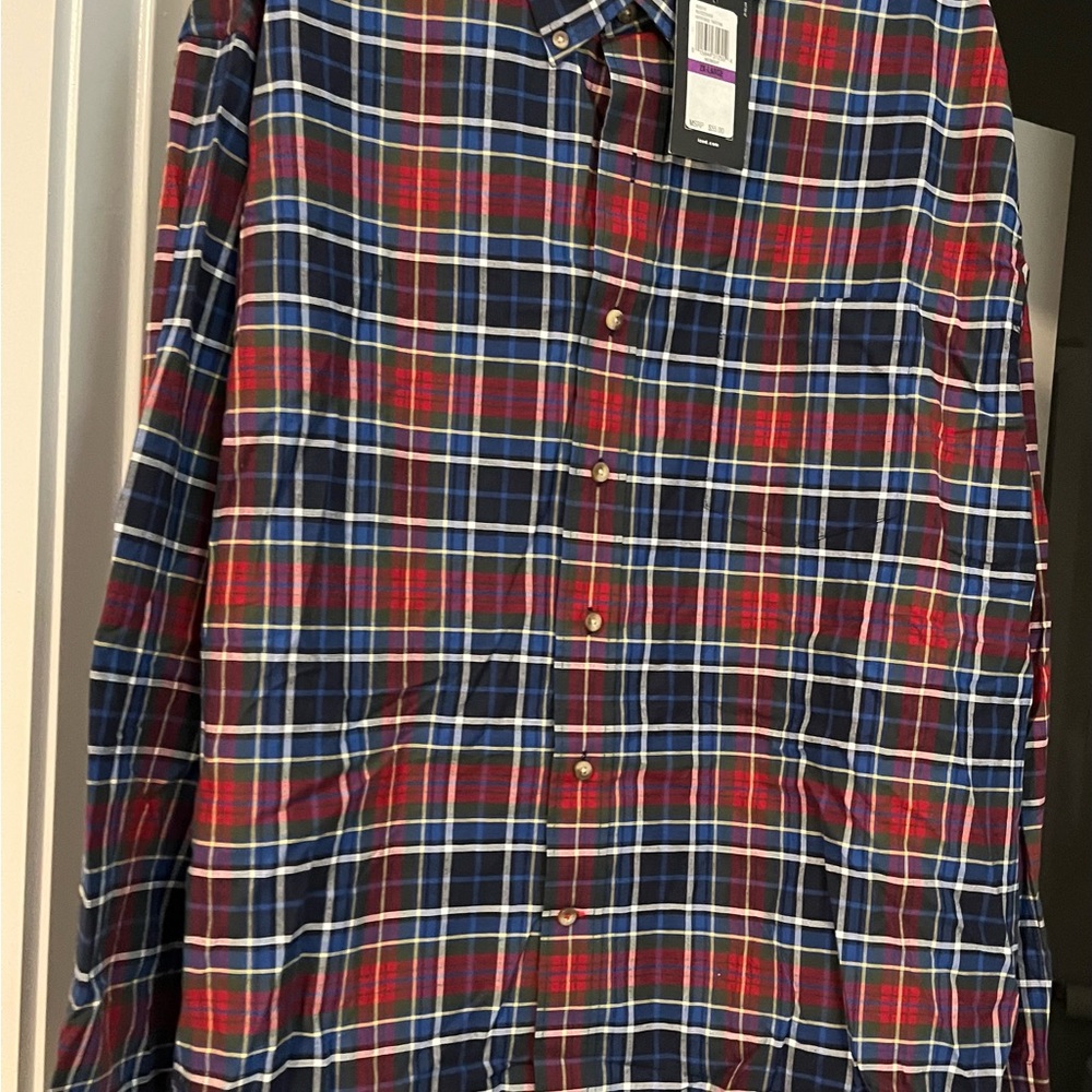 Men's Izod Button Front Shirt Red and Blue Check Shirt, Size XXL